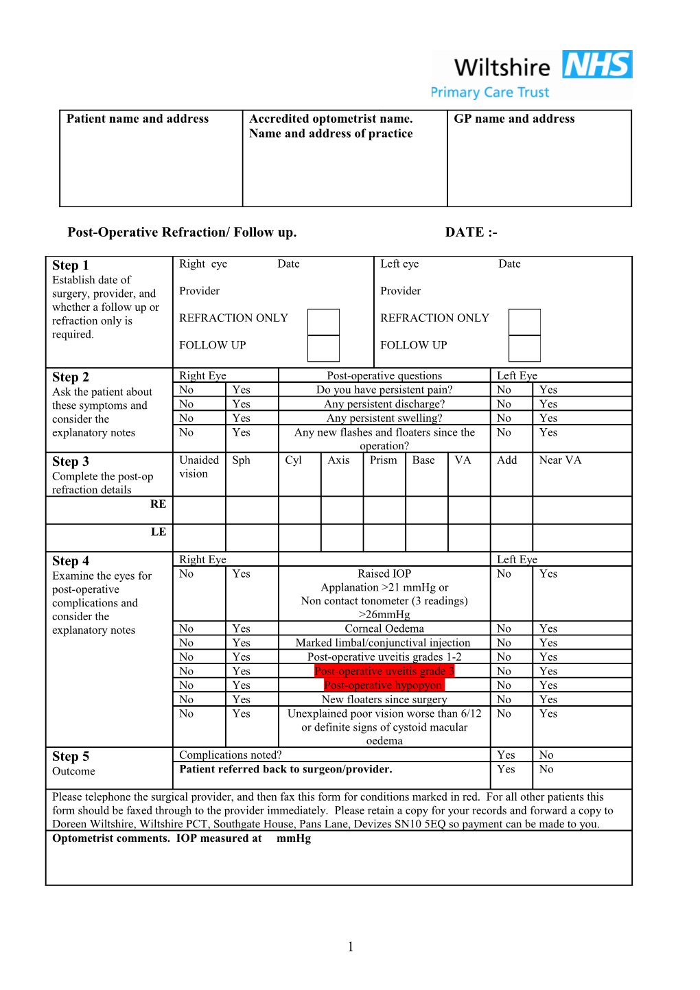 Post-Operative Refraction/ Follow Up. DATE