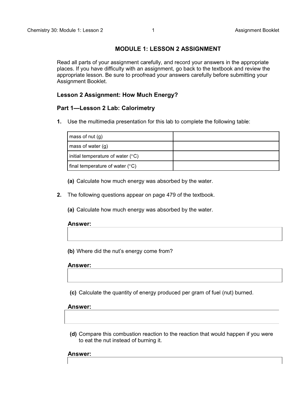 Chemistry 30: Module 1: Lesson 2 2 Assignment Booklet