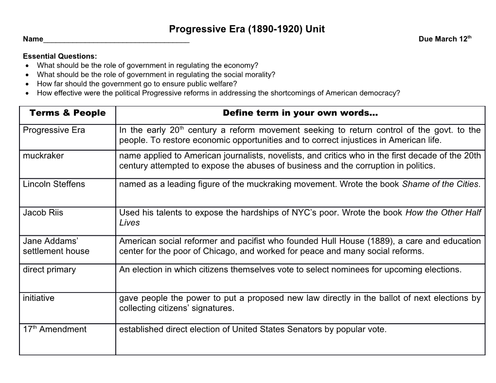 Progressive Era (1890-1920) Unit