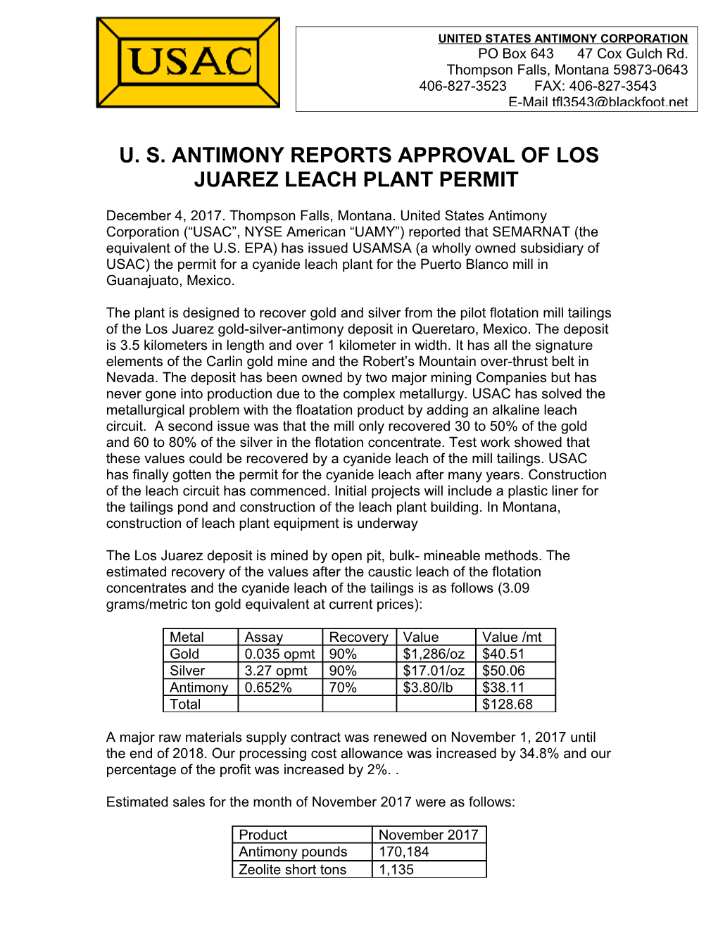 U. S. Antimony Reports Approval of Los Juarez Leach Plant Permit