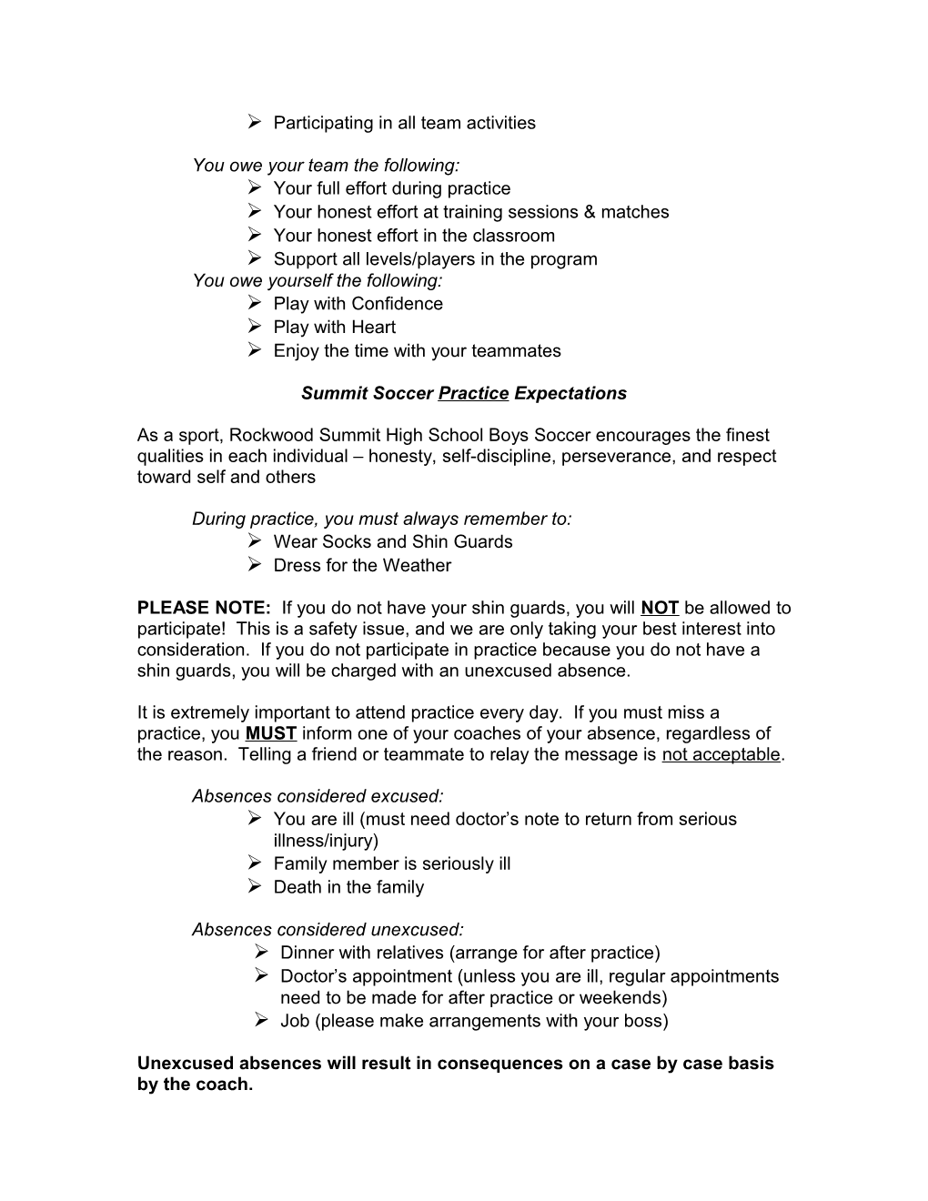 Rockwood Summit Soccer General Program Guidelines