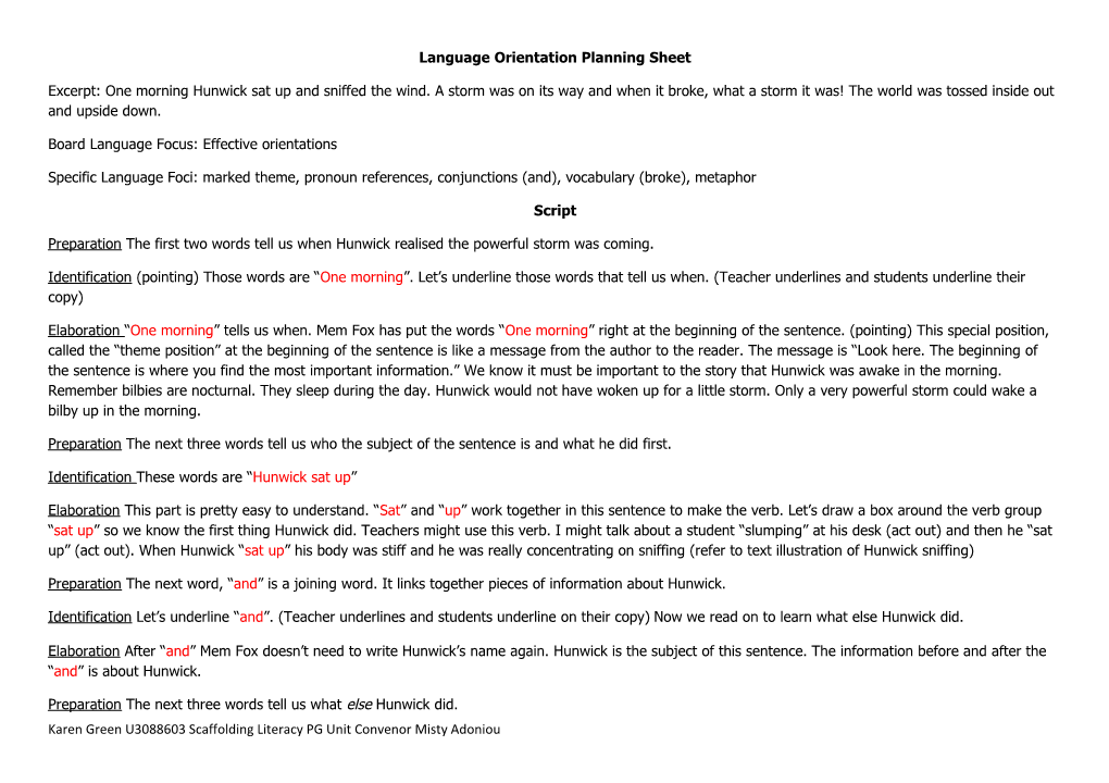 Language Orientation Planning Sheet