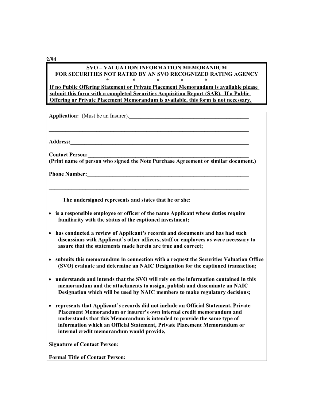 Svo Valuation Information Memorandum