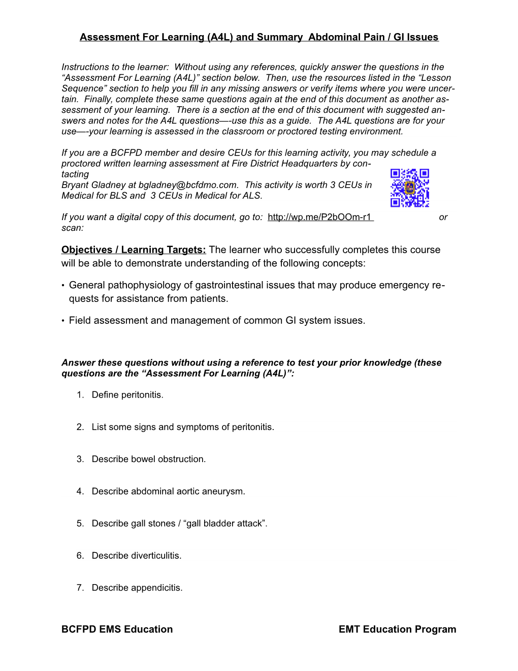 Assessment for Learning (A4L) and Summary Abdominal Pain / GI Issues