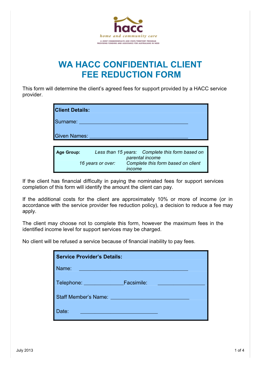 WA HACC Confidential Client Fee Reduction Form - July 2013