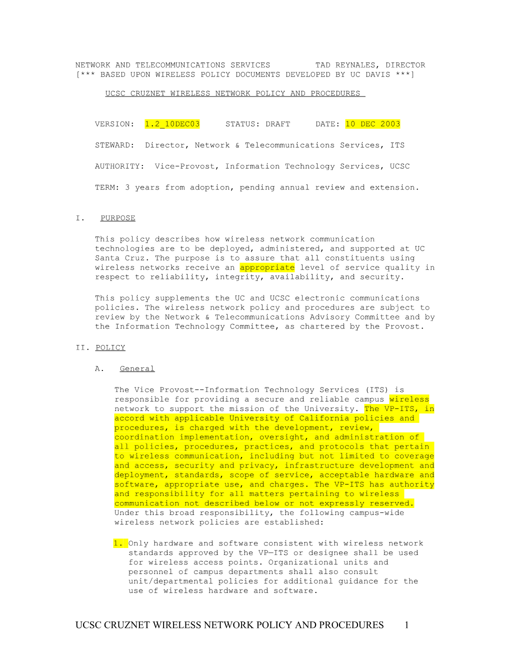 Ucsc Cruznet Wireless Network Policy and Procedures