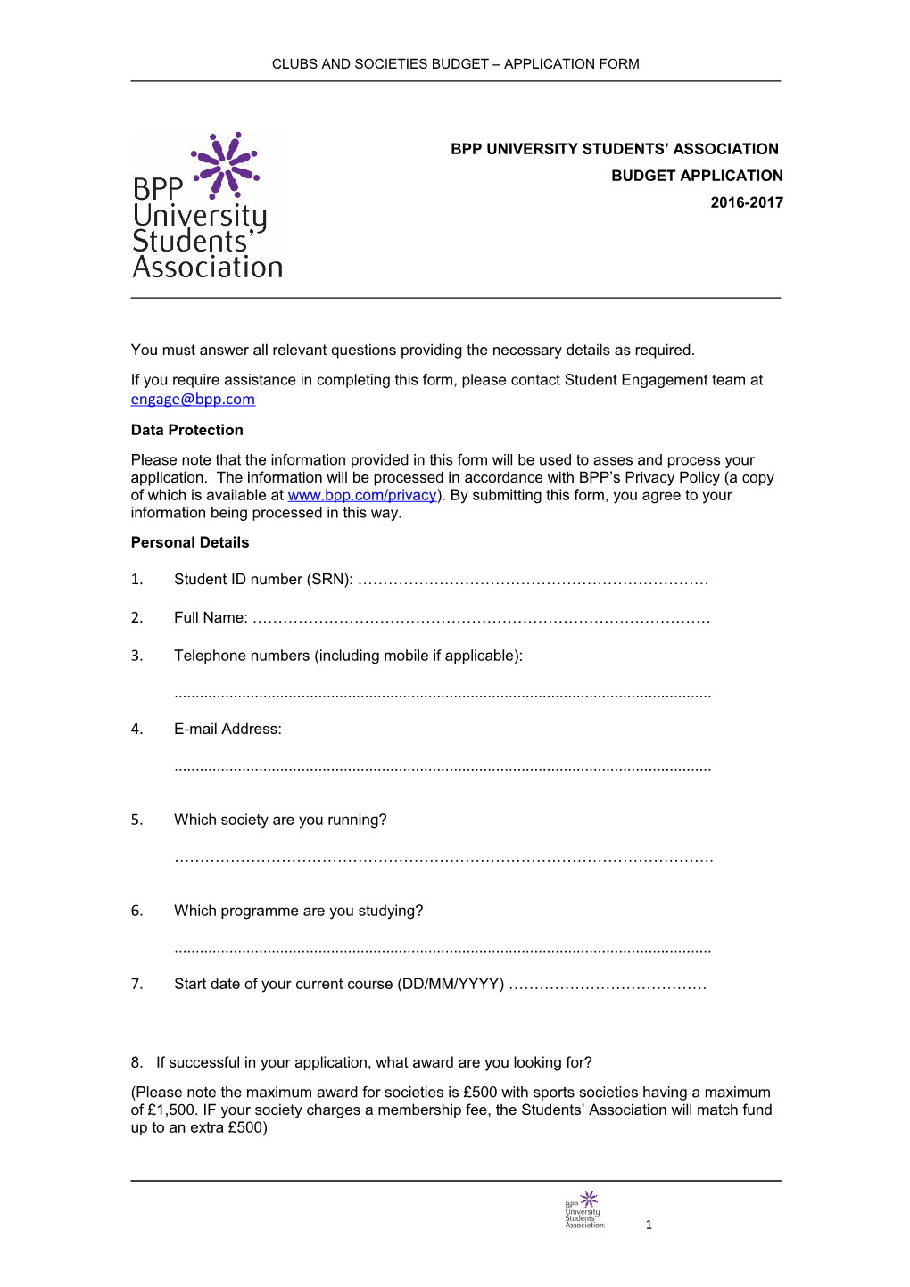 Clubs and Societies Budget Application Form