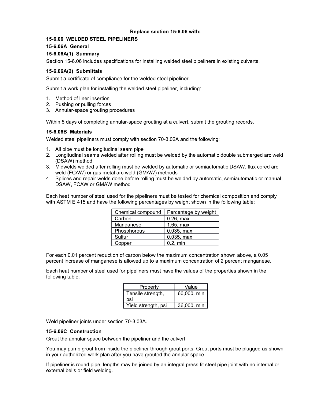 Section 15-6.06. Use for Installing Welded Steel Pipeliners (Round, Arch, Elliptical And