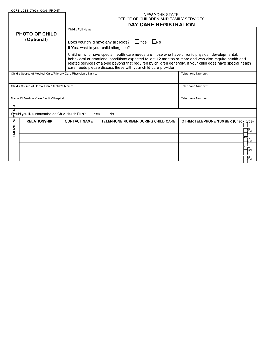 OCFS-LDSS-0792 Day Care Registration Form