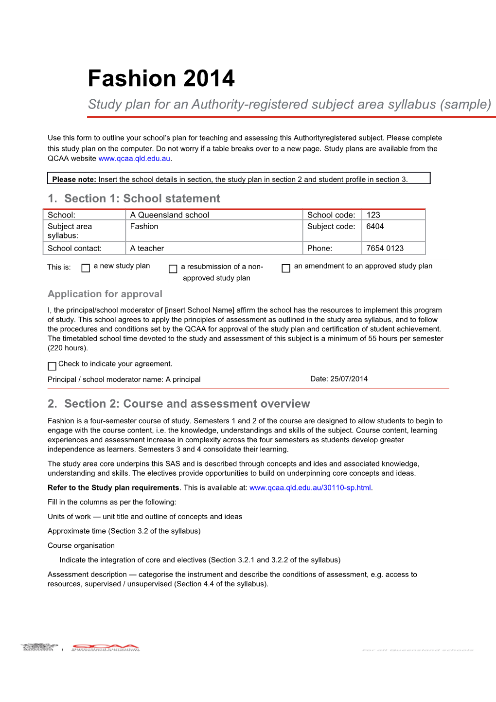 Fashion 2014 Study Plan for an Authority-Registered Subject Area Syllabus (Sample)