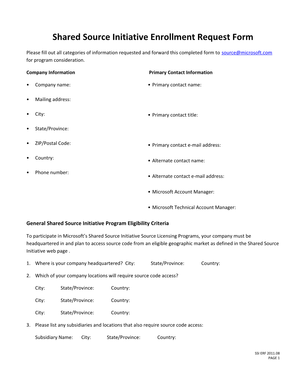 Shared Source Initiative Enrollment Request Form