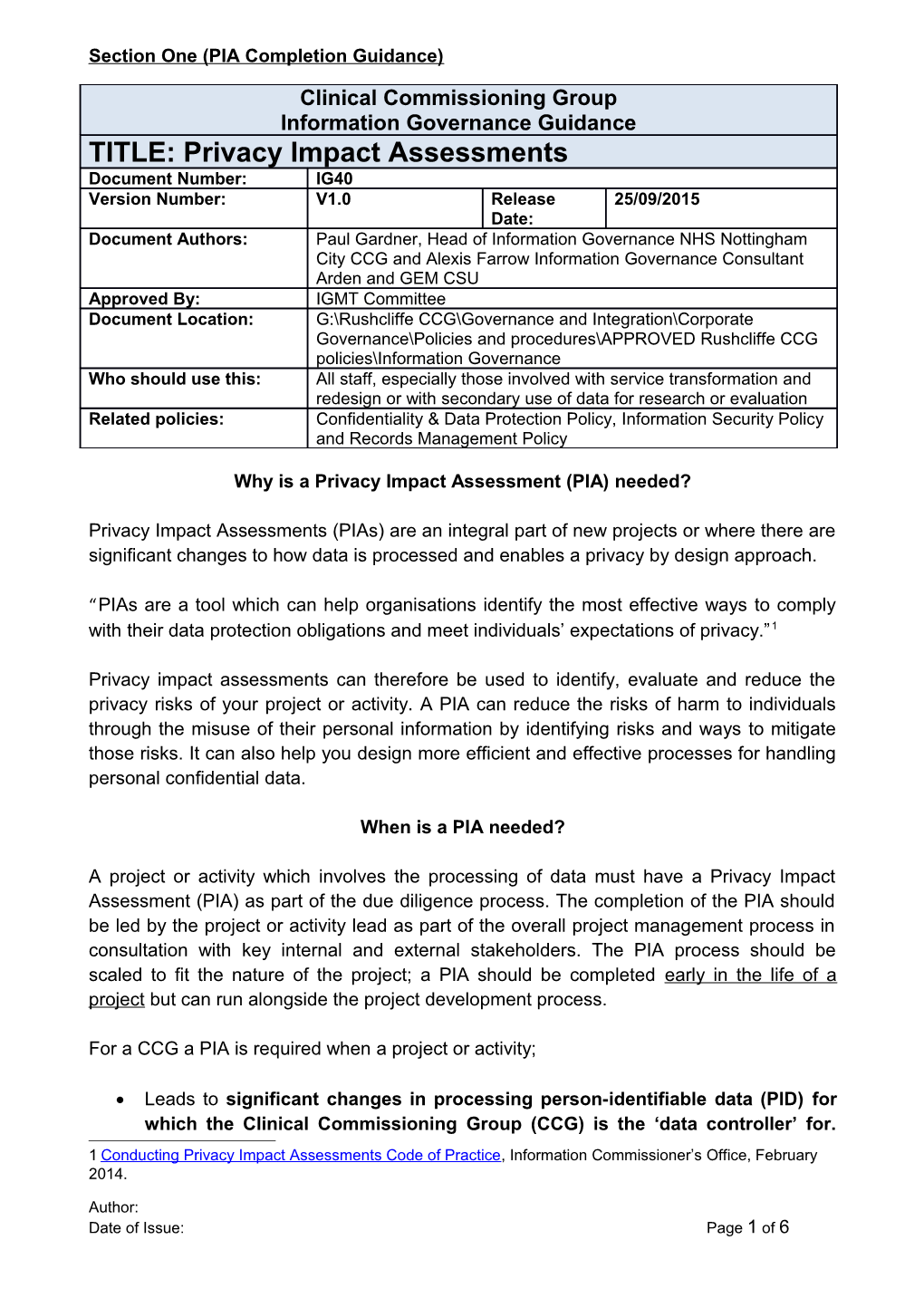 Section One (PIA Completion Guidance)