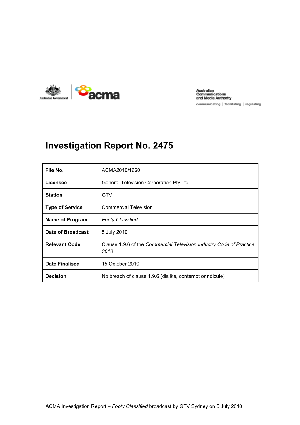 GTV - ACMA Investigation Report 2475