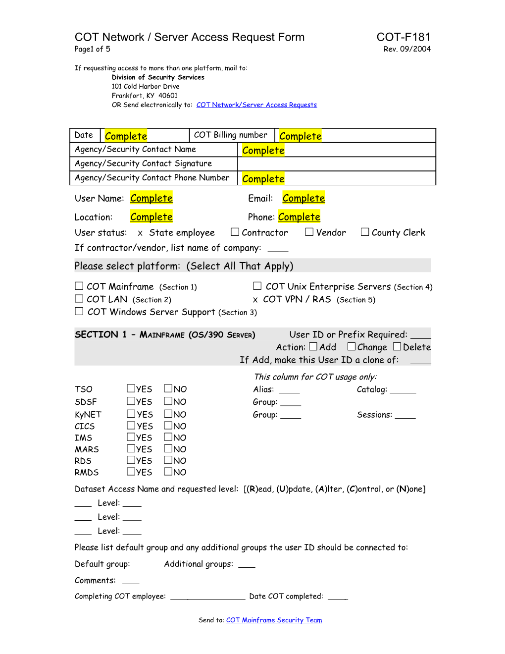 COT Network / Server Access Request Form COT-F181