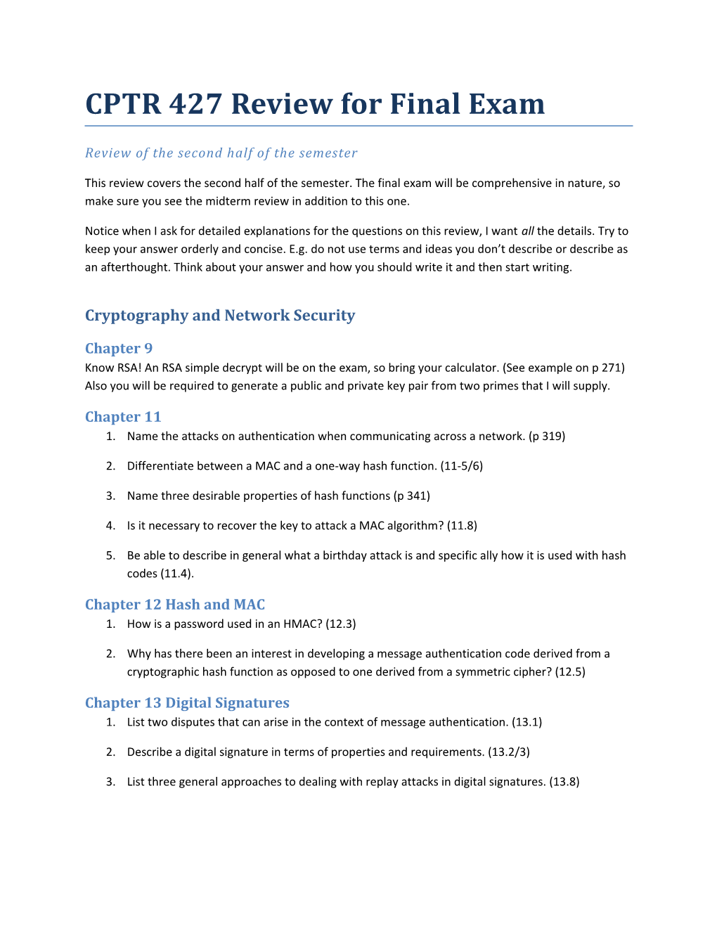 CPTR 427 Review for Final Exam