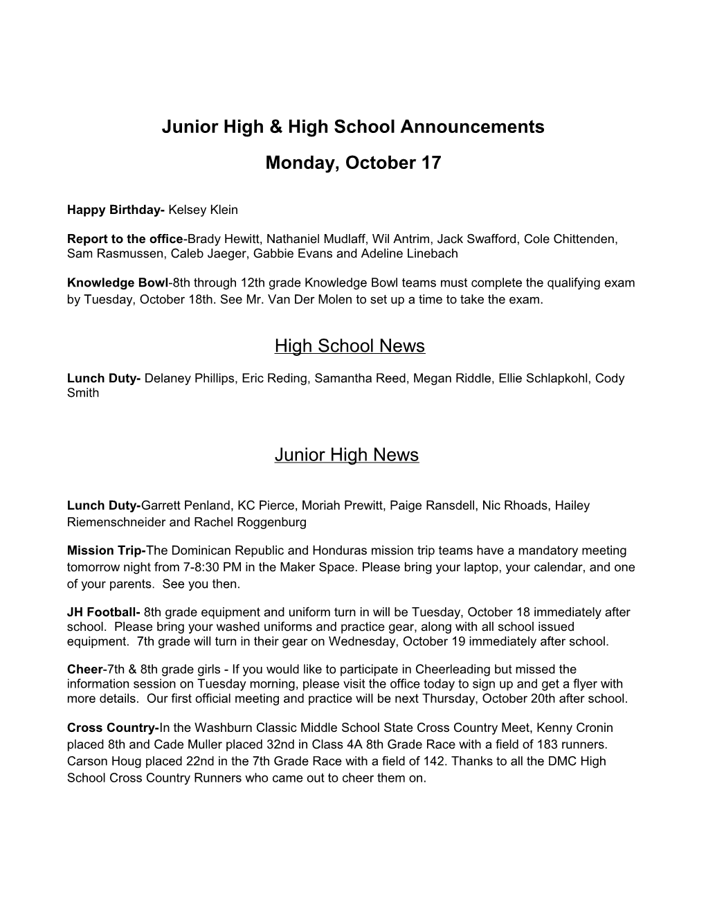 Junior High & High School Announcements
