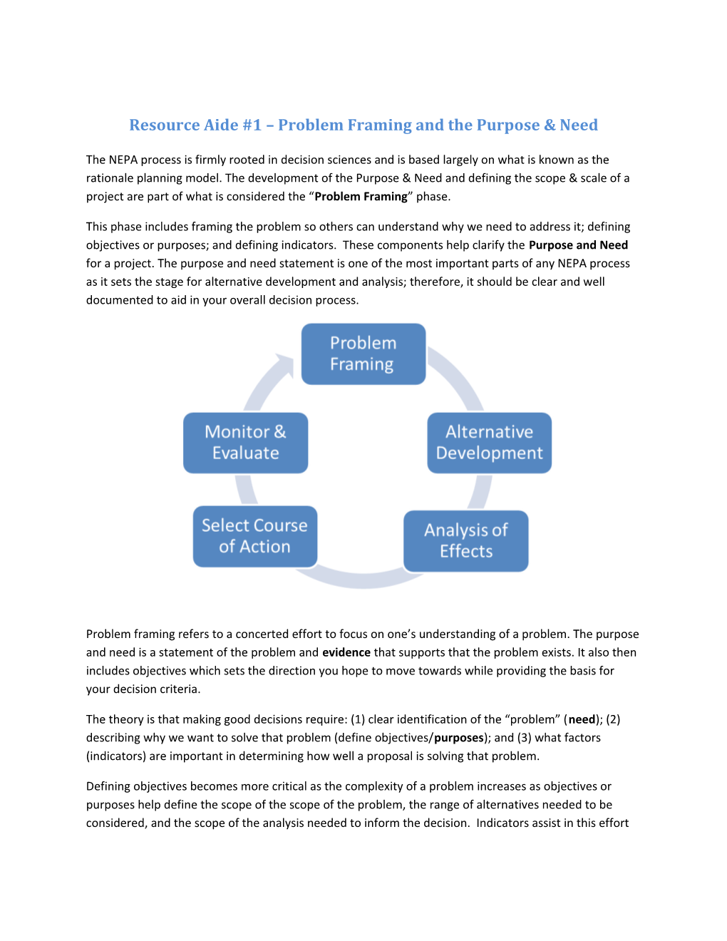 Resource Aide #1 Problemframing and the Purpose & Need