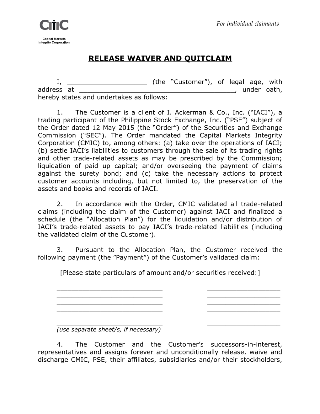 Release Waiver and Quitclaim