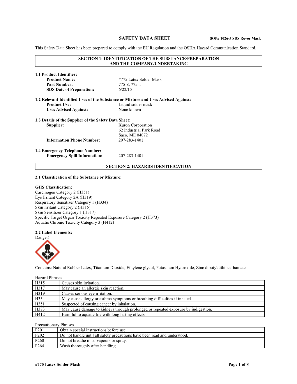 SAFETY DATA SHEET SOP# 1026-5 SDS Rover Mask