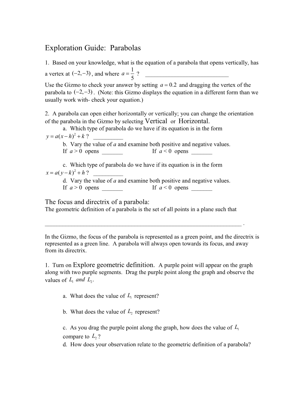 Exploration Guide: Parabolas