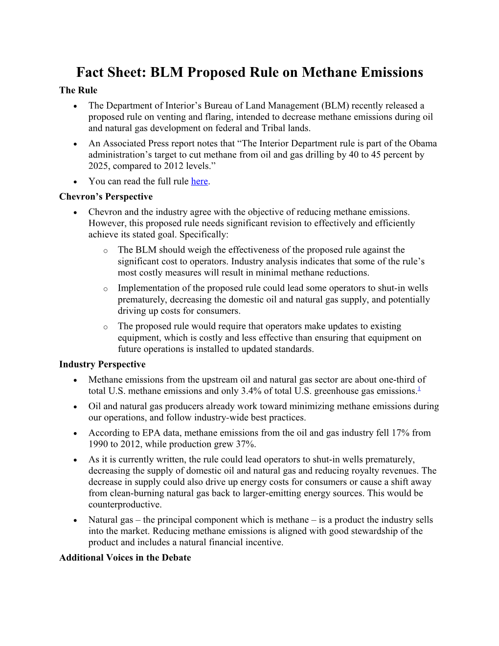Fact Sheet: BLM Proposed Rule on Methane Emissions