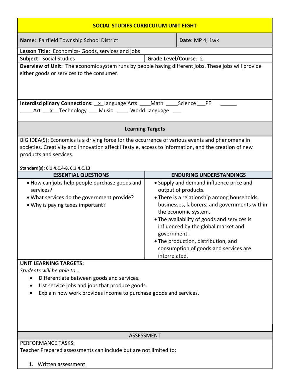 ___ GRADE LAL UNIT ONE LESSON PLAN (Domain)