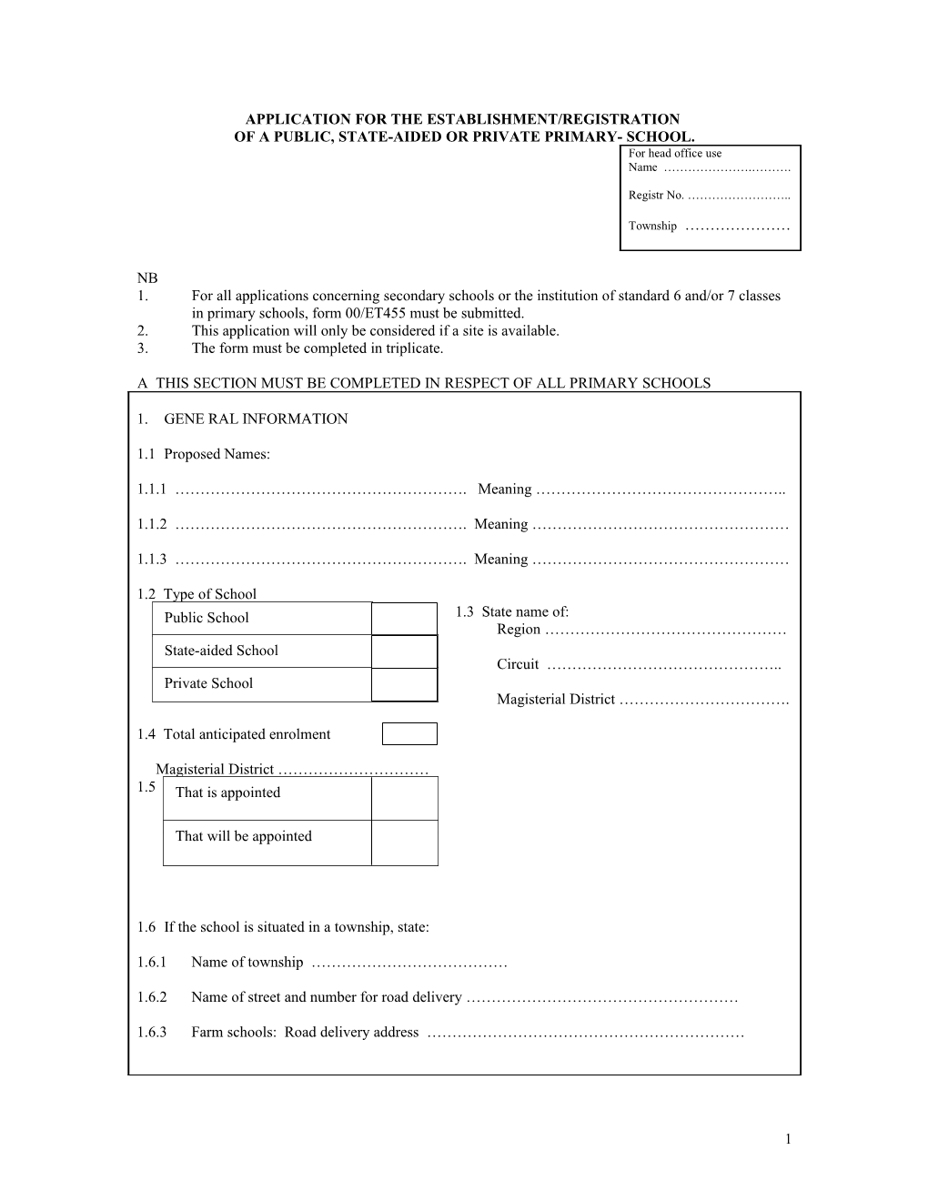 Application for the Establishment/Registration