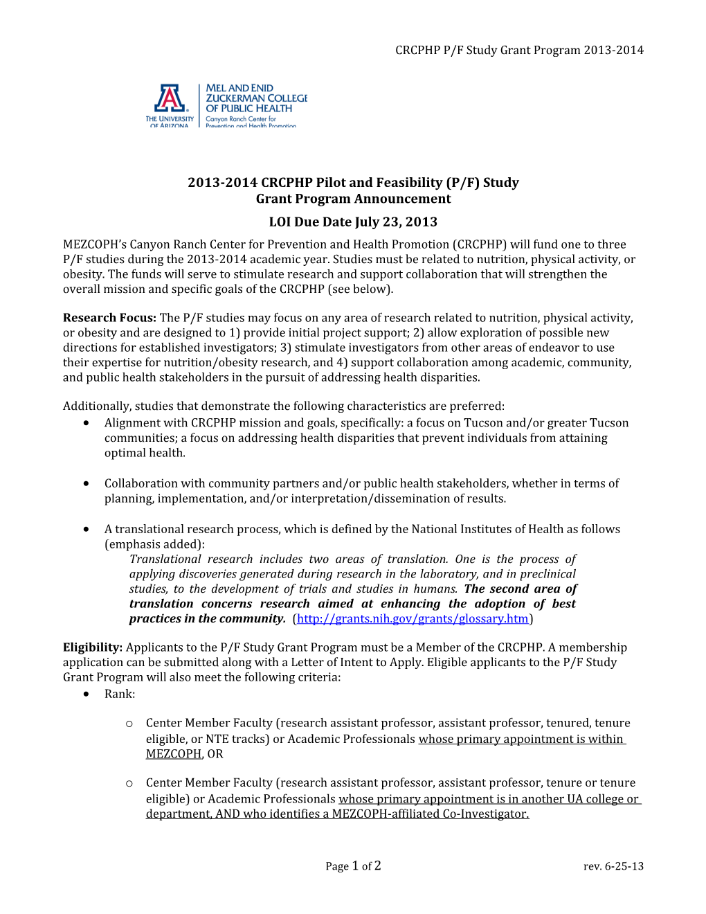 CRCPHP P/F Study Grant Program 2013-2014