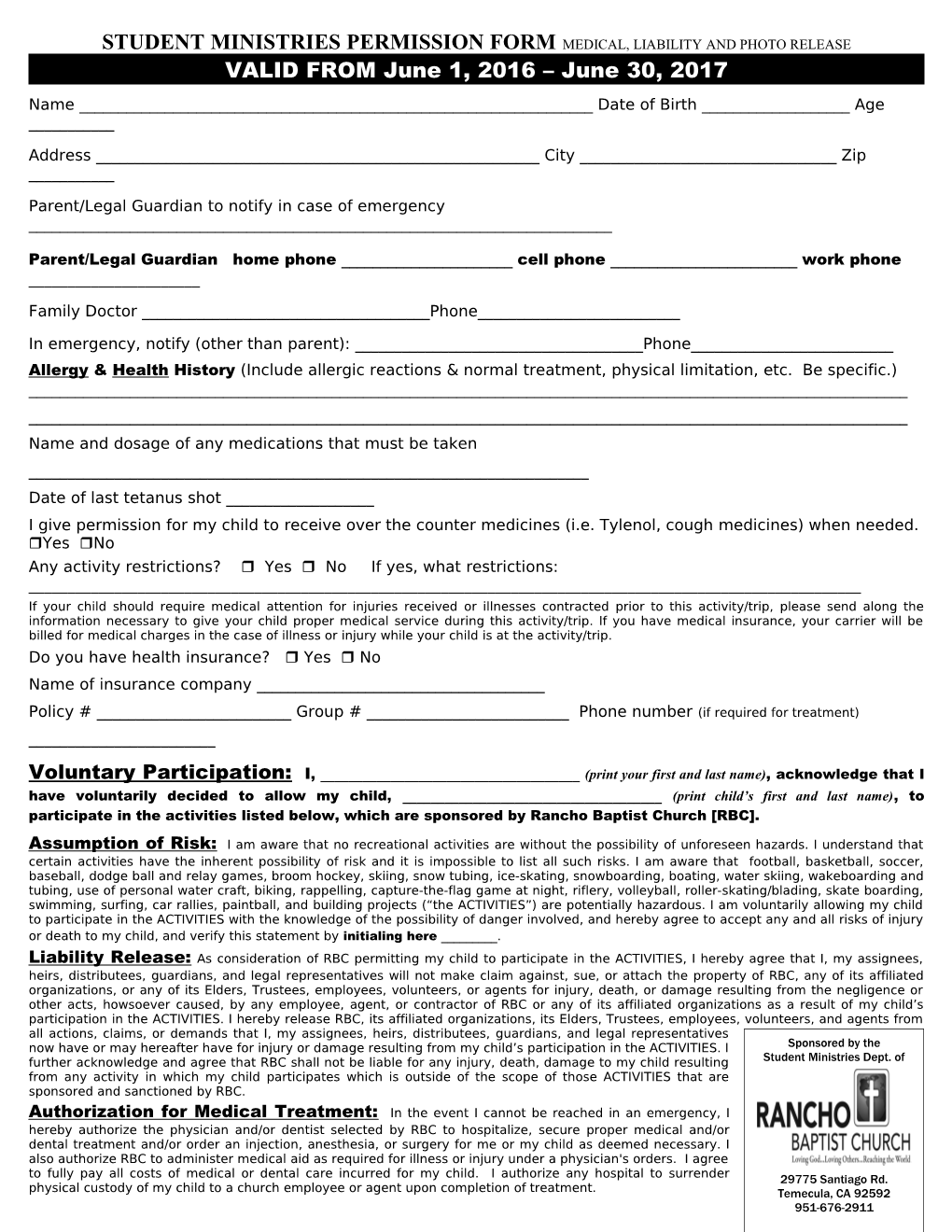 Student Ministries Permission Form Medical, Liability and Photo Release