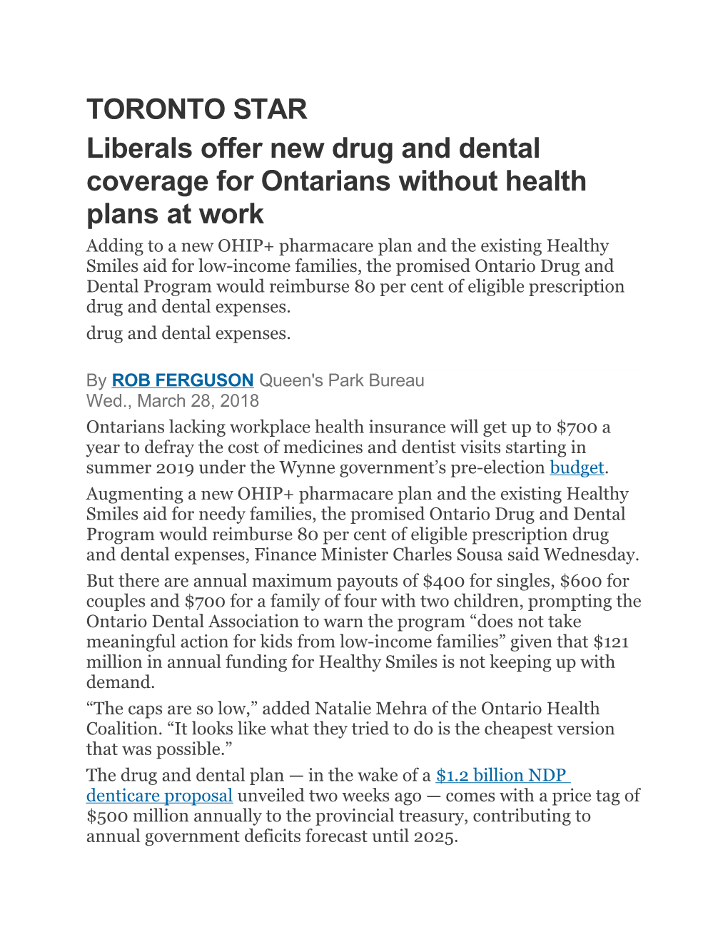 Liberals Offer New Drug and Dental Coverage for Ontarians Without Health Plans at Work