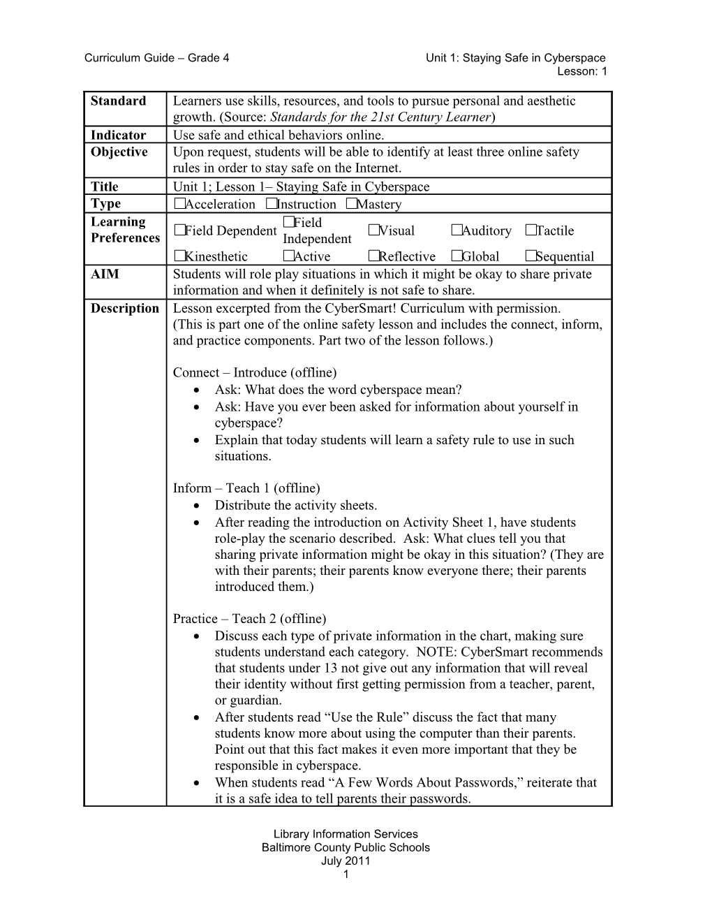 Curriculum Guide Grade 4 Unit 1: Staying Safe in Cyberspace