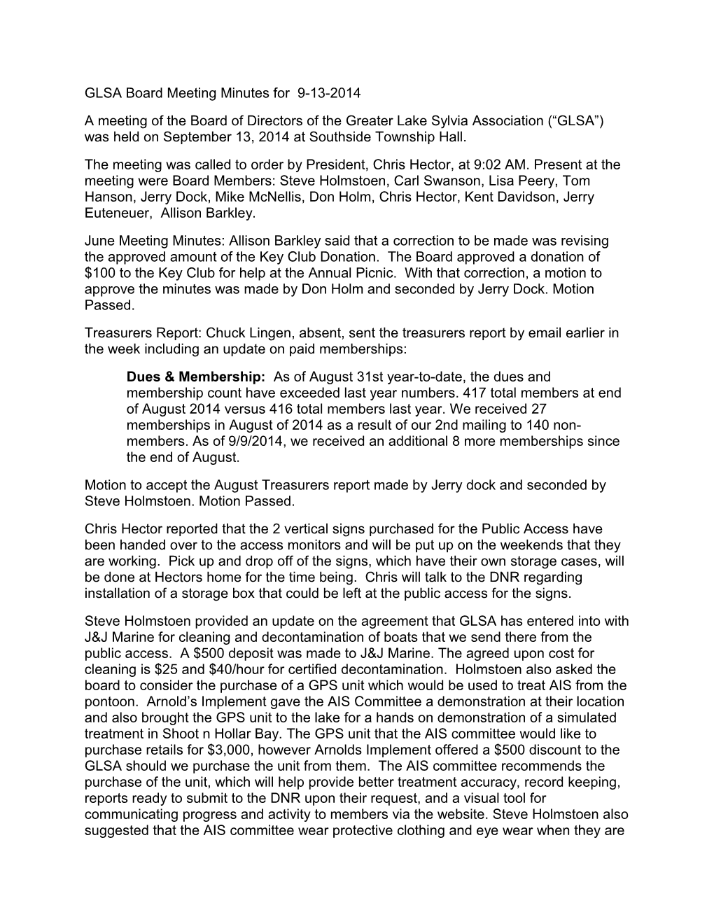 GLSA Board Meeting Minutes for 9-13-2014