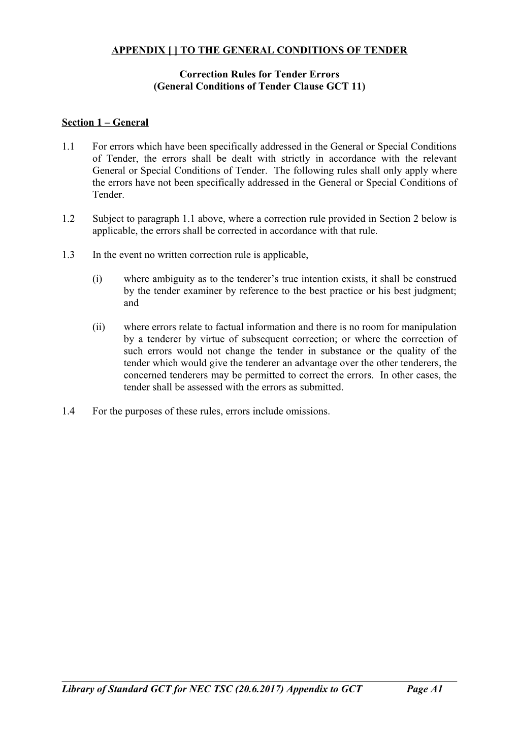 Appendix to the General Conditions of Tender