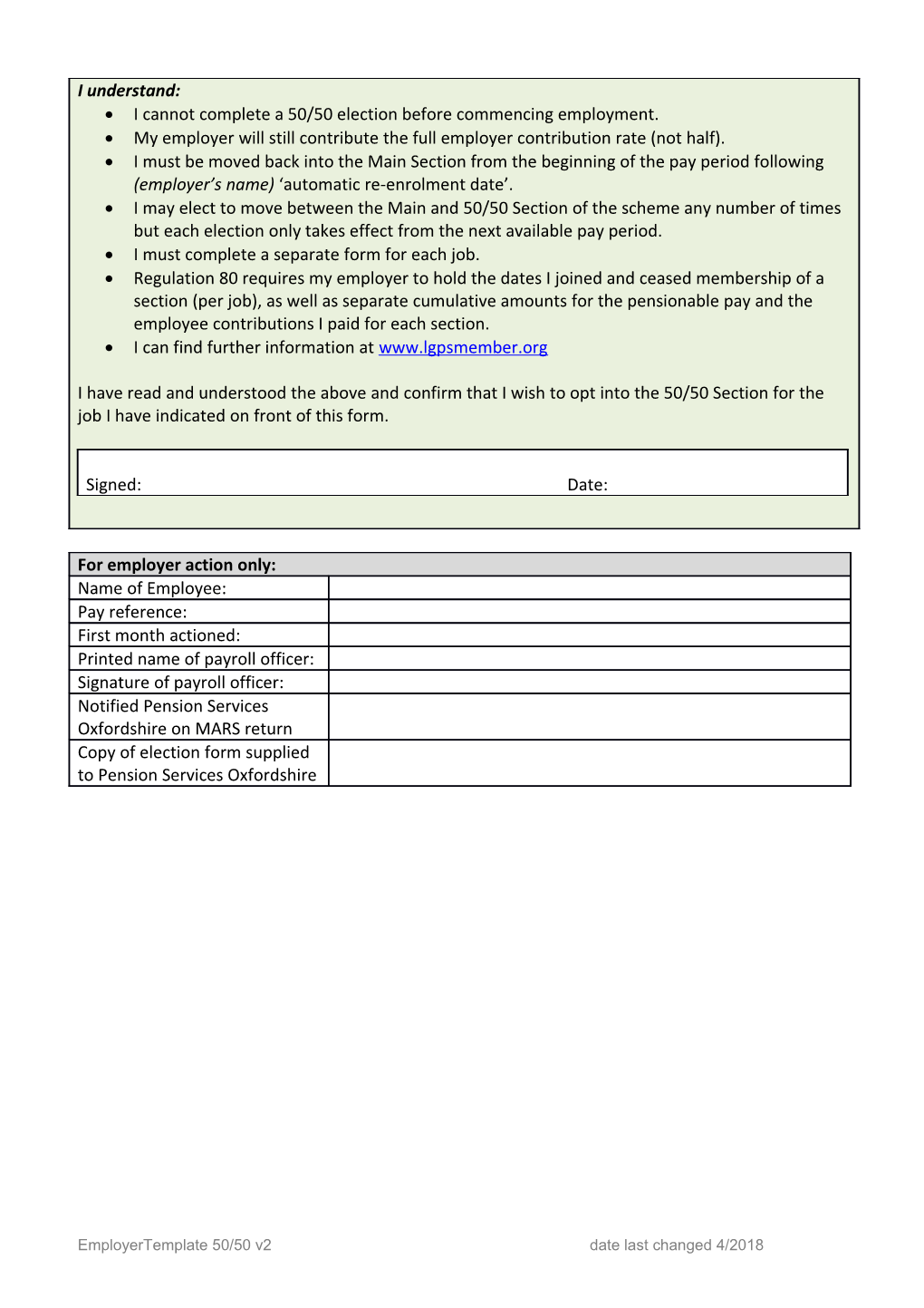 50/50 ELECTION FORM (Option to Pay Less) in the LGPS