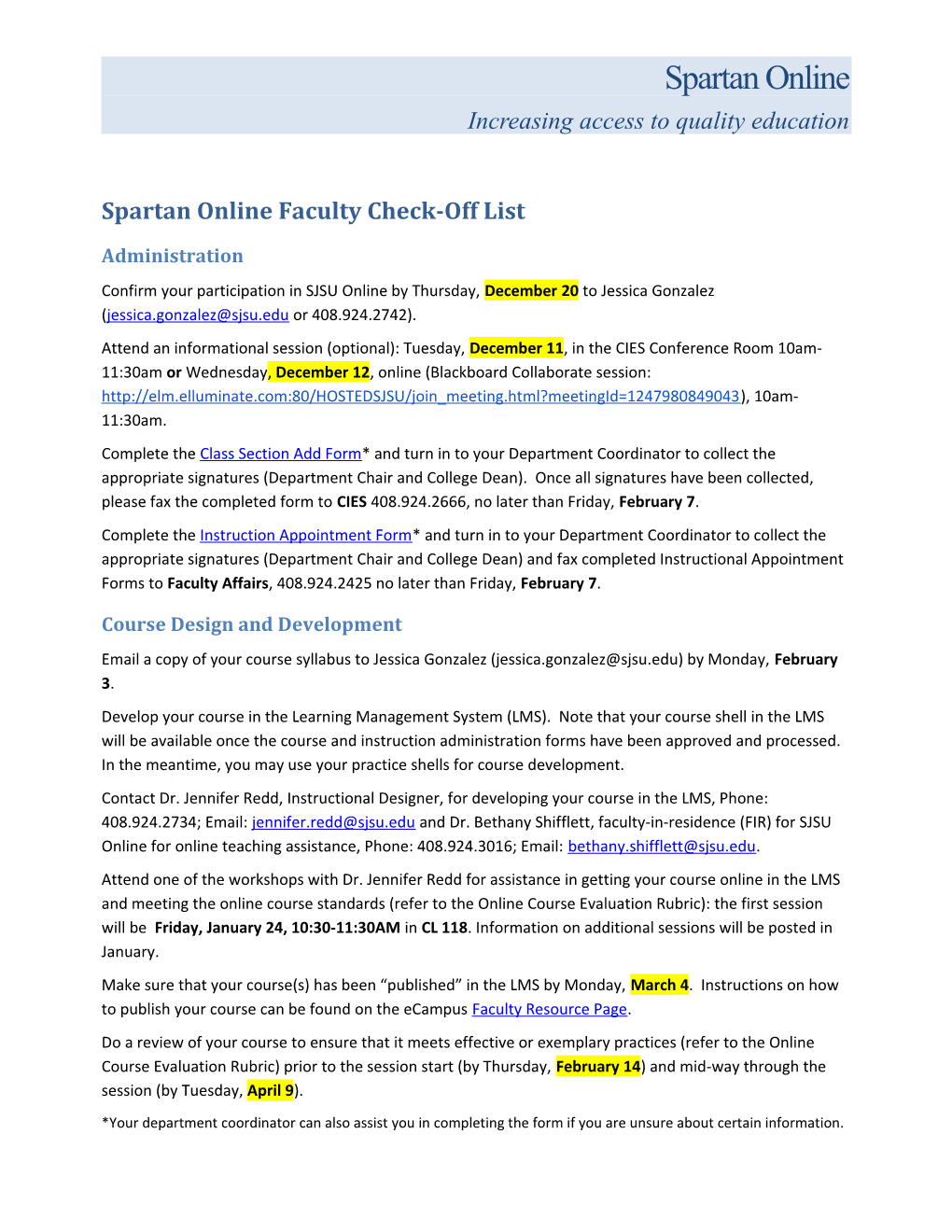 Spartan Online Faculty Check-Off List