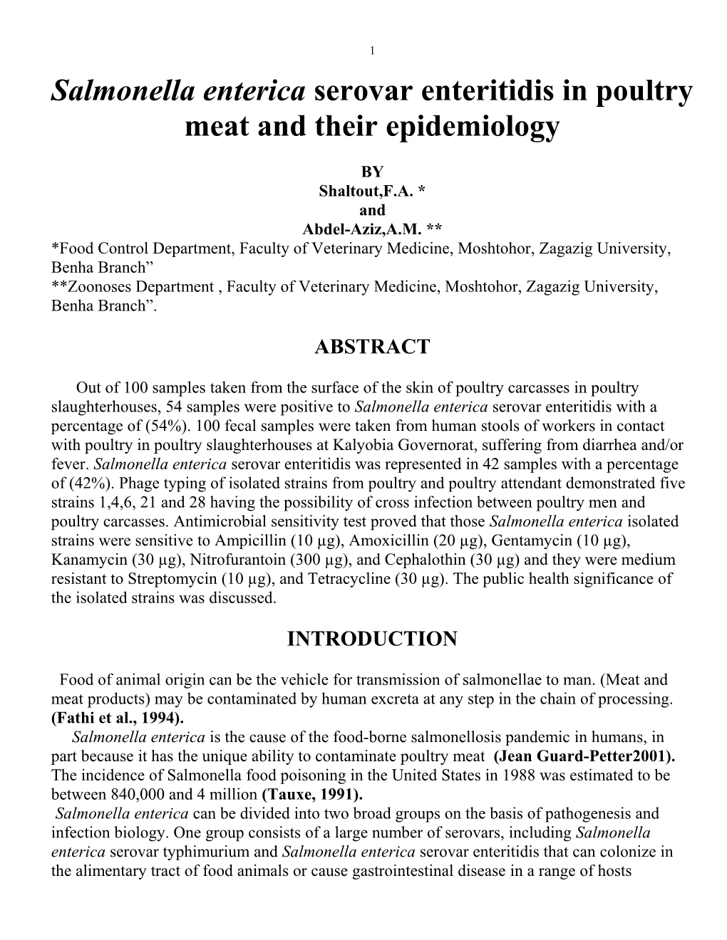 Salmonella Enterica Serovar Enteritidis in Poultry Meat and Their Epidemiology