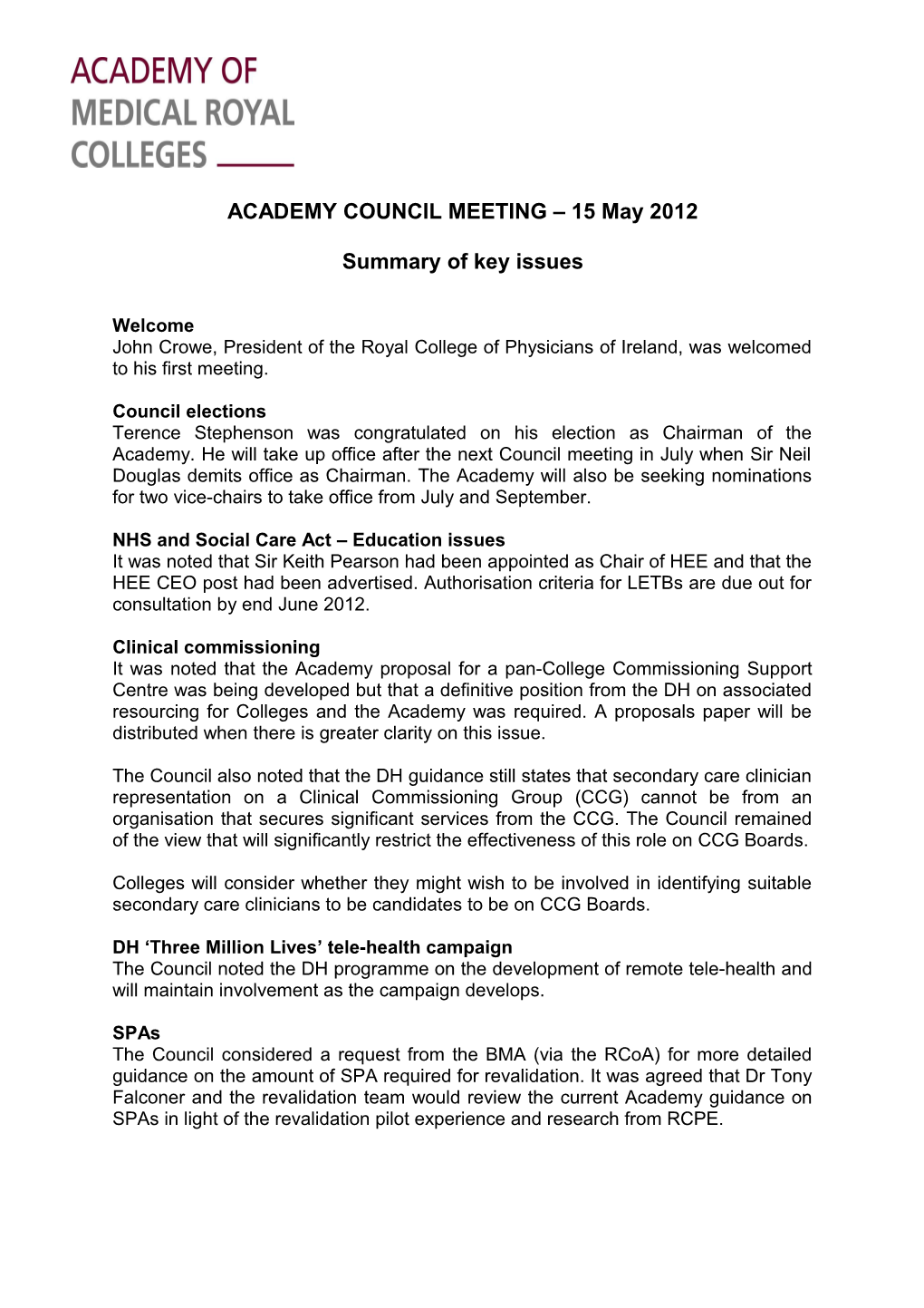 ACADEMY COUNCIL MEETING 15 May 2012