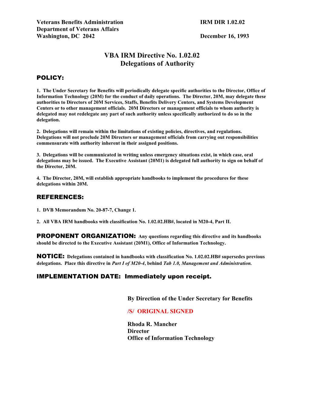 VBA IRM Directive No