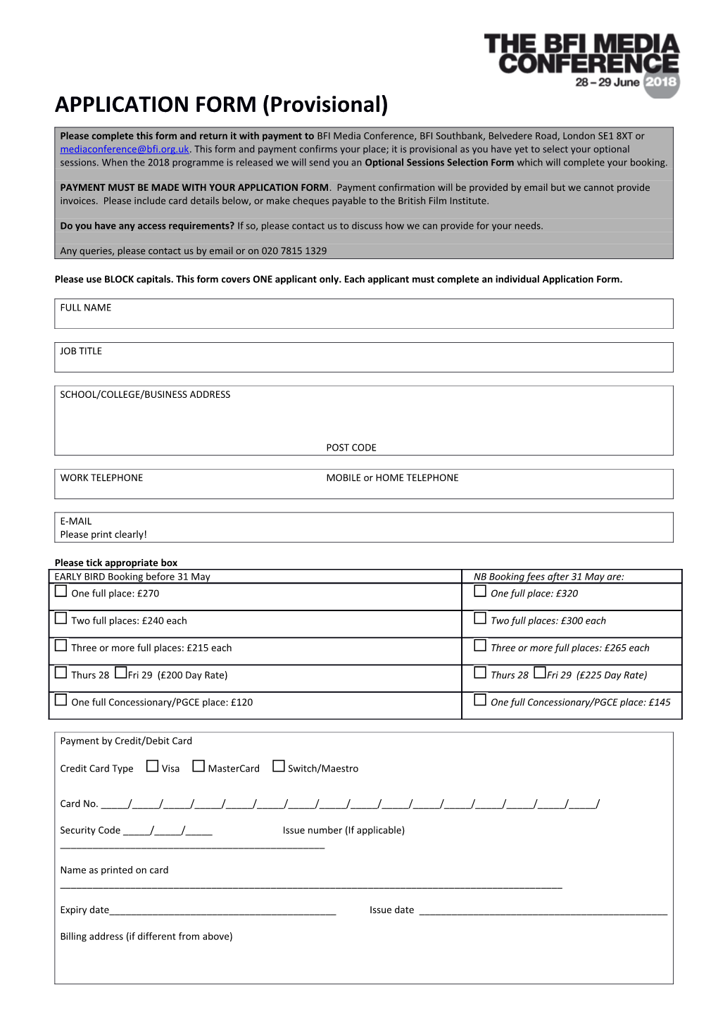 APPLICATION FORM (Provisional)