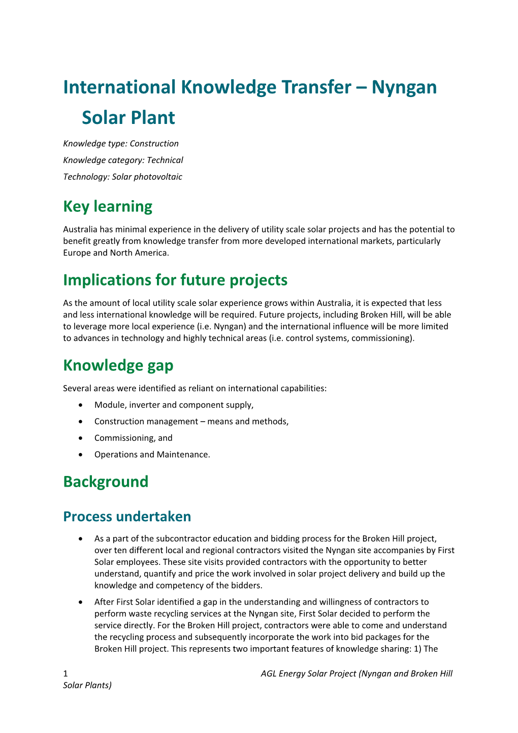 International Knowledge Transfer Nyngan Solar Plant