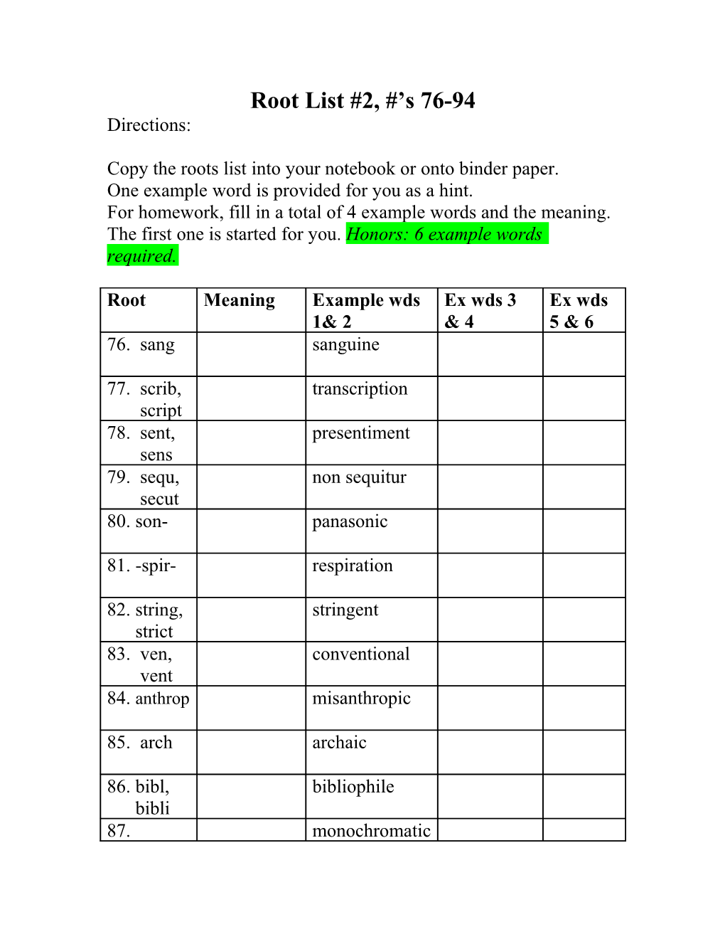 Copy the Roots List Into Your Notebook Or Onto Binder Paper