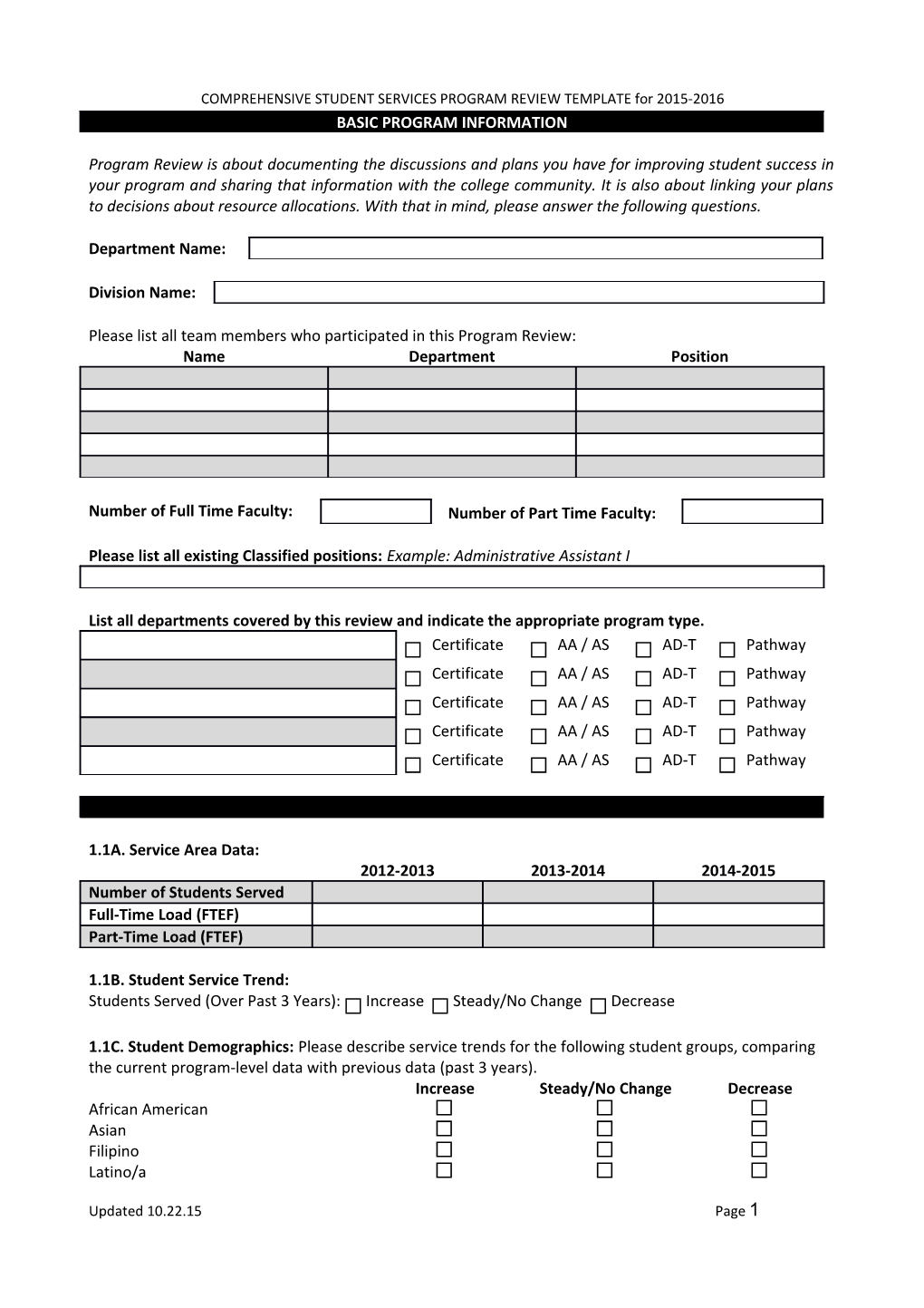 COMPREHENSIVE STUDENT SERVICES PROGRAM REVIEW TEMPLATE for 2015-2016