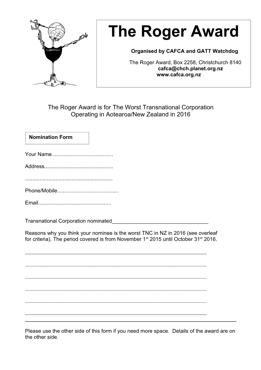 The Roger Award Is for the Worst Transnational Corporation