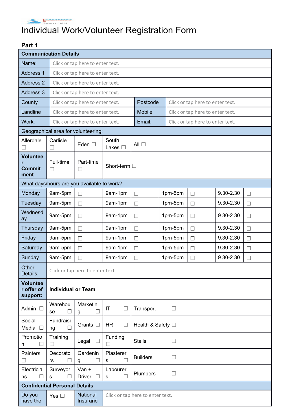 Individual Work/Volunteer Registration Form