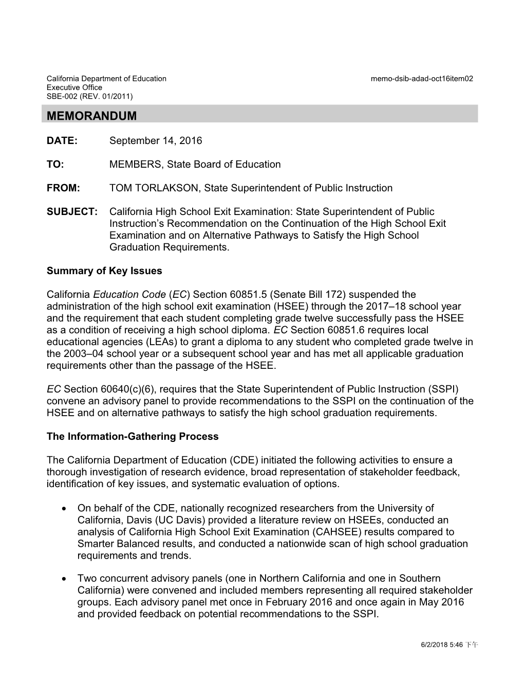 October 2016 DSIB ADAD Memo Item 02 - Information Memoranda (CA State Board of Education)