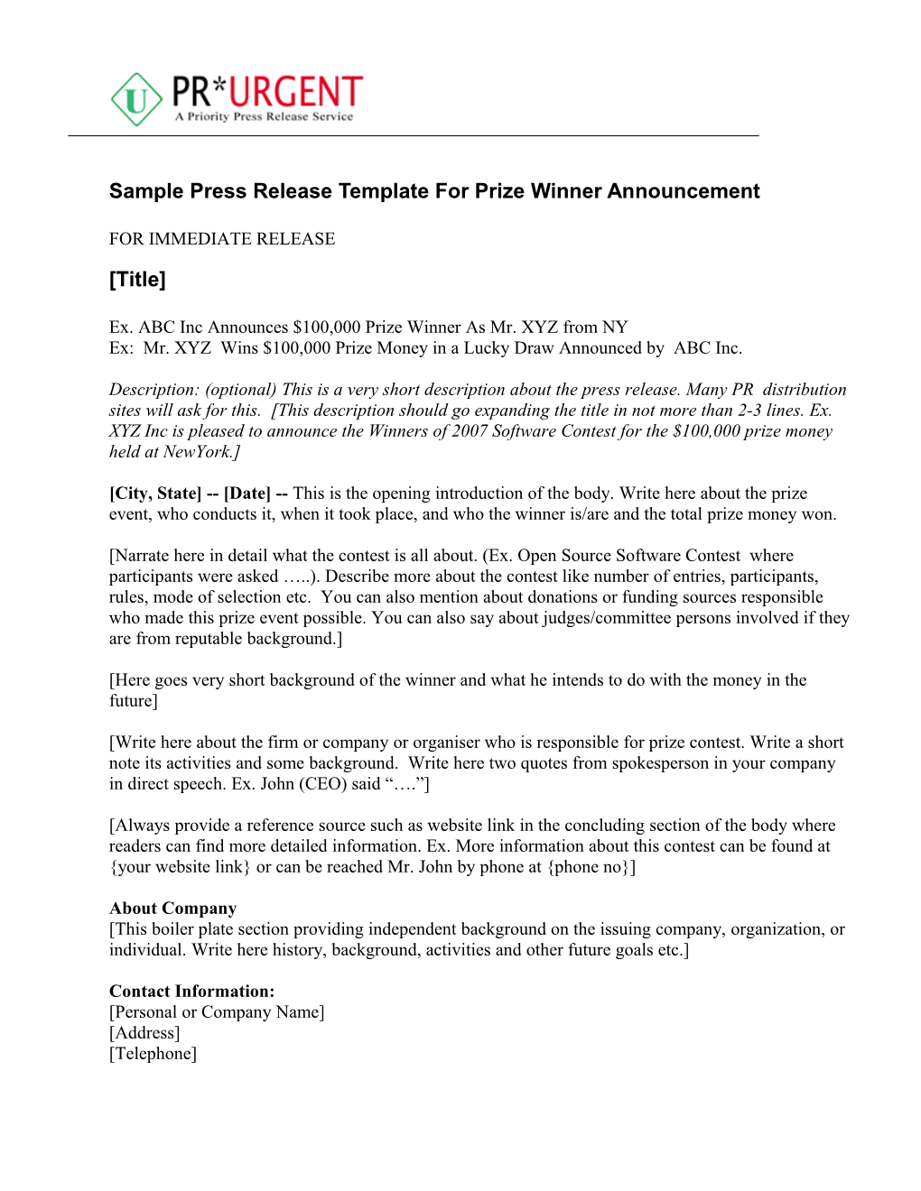 Sample Press Release Template for Prize Winner Announcement