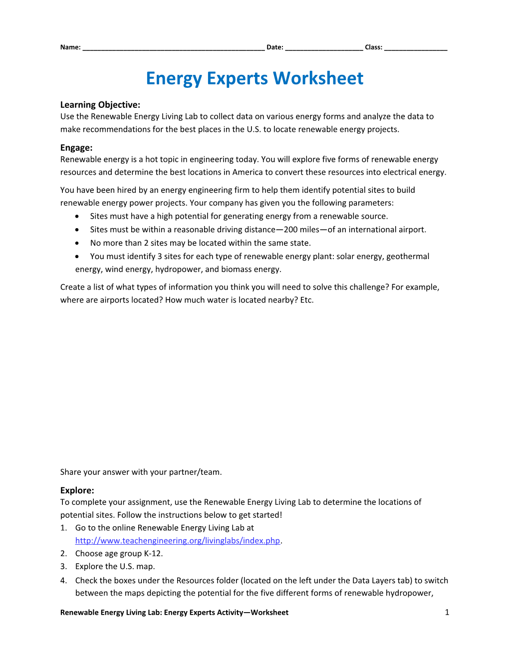 Energy Experts Worksheet