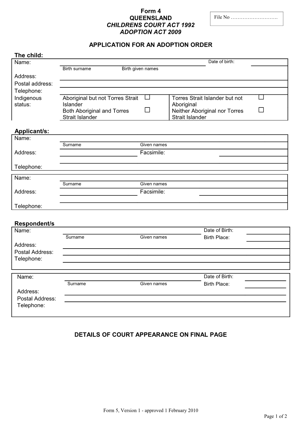 Form 4 Adoption Order