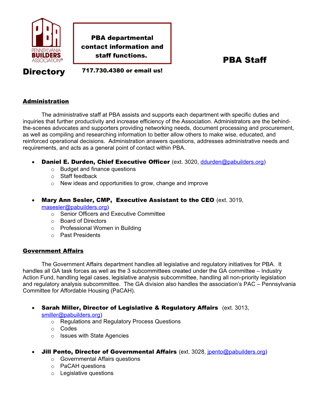 PBA Department Descriptions