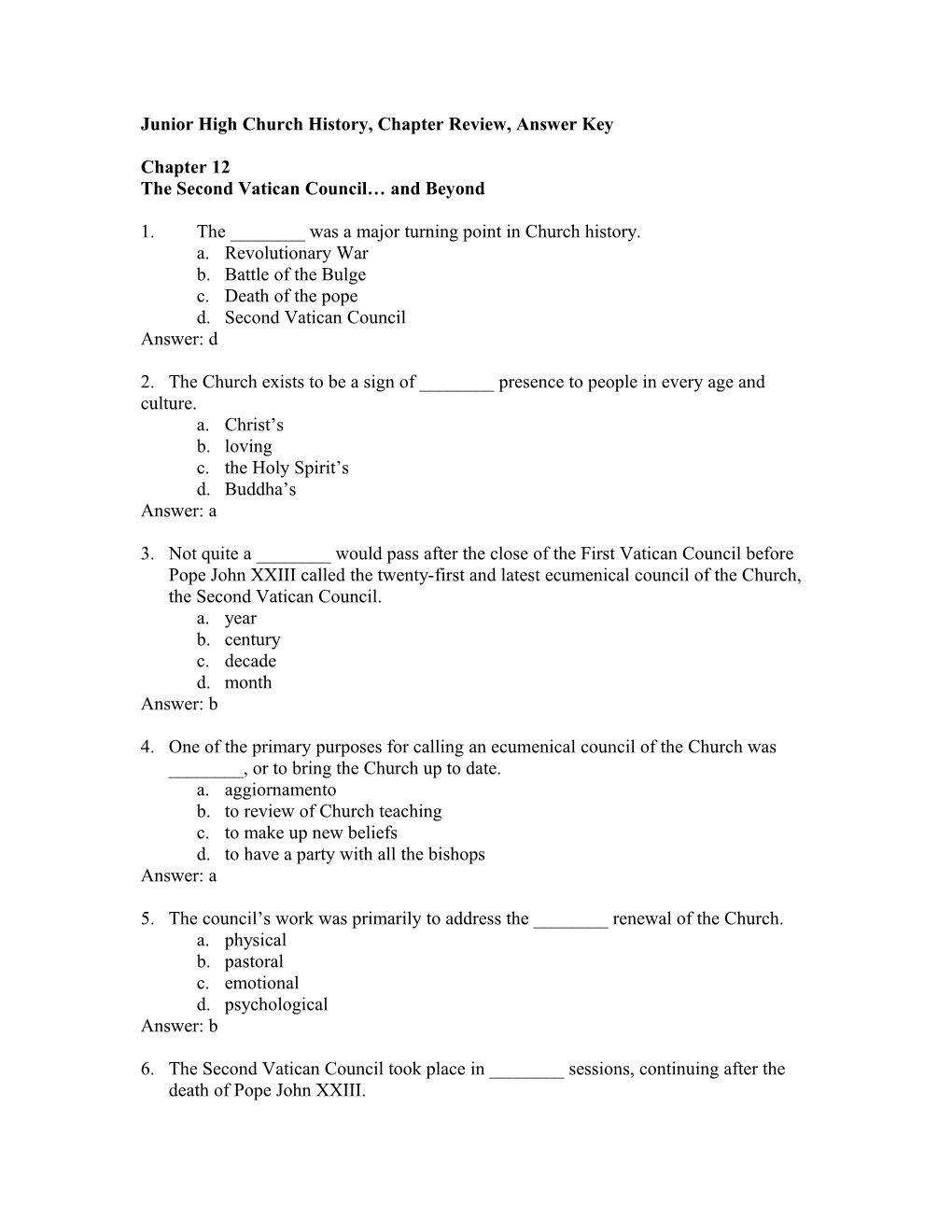 Junior High Church History, Chapter Review, Answer Key s1